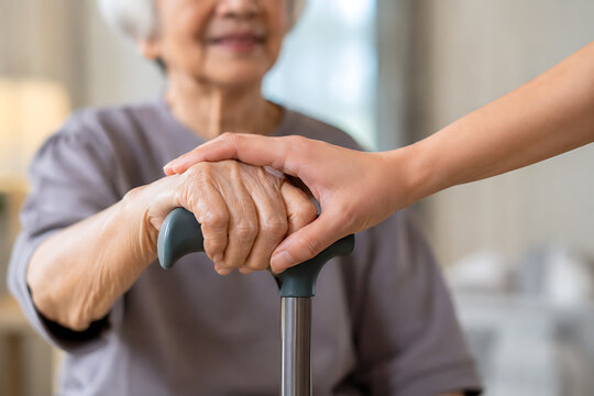 Elderly woman receives assistance with a walking cane from a helping hand