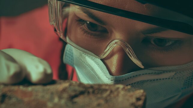 A close-up shot of a scientist examining a core sample of ancient ice, revealing trapped air bubbles and layers of historical atmospheric data. 