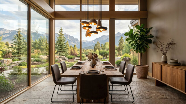 Modern dining room with large windows overlooking a scenic mountain landscape and forest.