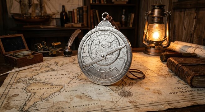 An antique silver astrolabe with intricate engravings rests on an old map next to a glowing lantern and quill, evoking history and scientific discovery.