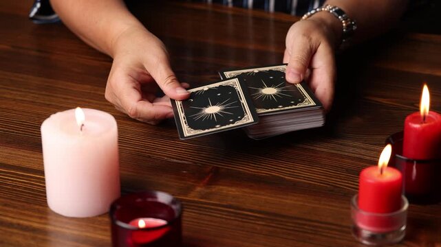 Woman by candlelight arranges tarot cards on a table. Fortune telling on the cards concept