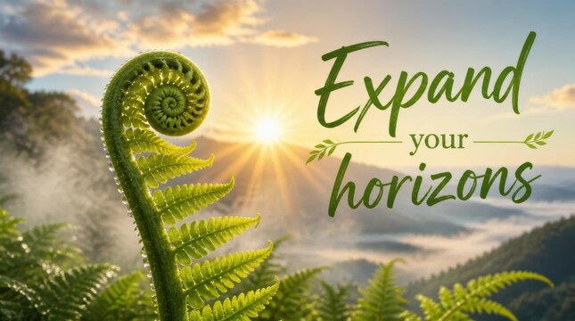 Detailed close-up of a green fern fiddlehead frond unfurling with morning dew against a sunrise backdrop over misty mountains and valley with text Expand your horizons.