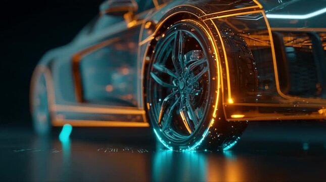 Extreme close up front wheel low angle view of 3D wireframe sports car model with glowing cyan and orange mesh (AI Generated)