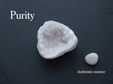 Top-down view of a white salt crystal geode showing internal mineral structure and a smooth white stone on a dark gray textured slate surface with minimalist typography.