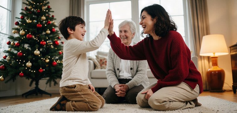 Family of three sharing a joyful moment while near a decorated Christmas tree in a warmly lit living room setting.
