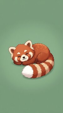 Cute red panda sleeping peacefully on a solid sage green background