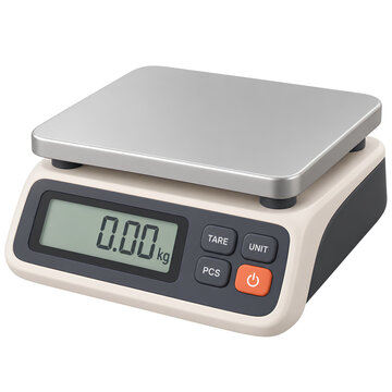 Digital weighing scale with display and control buttons isolated on white background