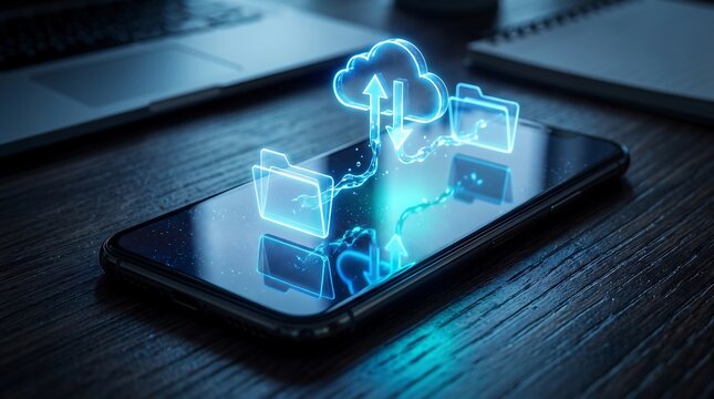 Mobile cloud storage concept showing glowing digital folders transferring data to cloud server hologram from smartphone screen representing wireless backup solutions
