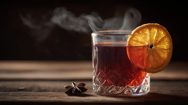 A detailed shot of a steaming hot toddy or mulled wine in a crystal glass, garnished with a detailed orange slice and clove. 