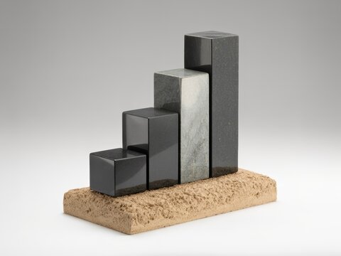 Polished granite cuboids in ascending height arrangement representing a bar graph, placed on a rough tan stone slab base against a neutral studio background with soft lighting.
