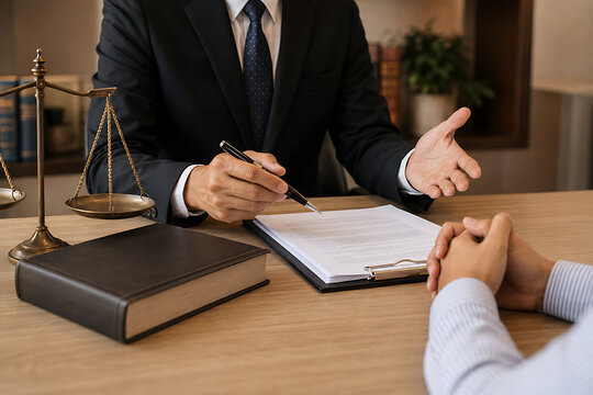 Lawyer discussing documents with client at wooden desk legal consultation scene