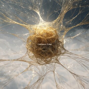 Intricate golden filigree structure with glowing central node and radiating fiber network. Organic mesh design featuring Guidance Point text over a soft cloud and bokeh background.