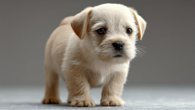 Cute small puppy, full length, standing on floor, beige fur, big eyes, adorable expression, high detail