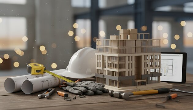 Architectural model of a modern building with blueprints and construction planning tools on a desk