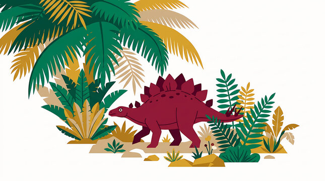A cute red stegosaurus dinosaur walking through a lush green tropical forest