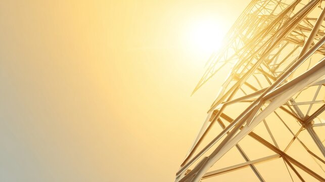 A clear, empty, light-colored space in the top-left quadrant for text overlay. Golden hour, powerful structure, clean energy symbol. 