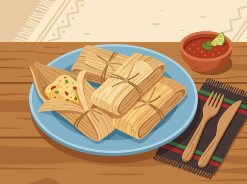 Traditional Mexican Tamales Wrapped in Corn Husks on a Blue Plate with Salsa.