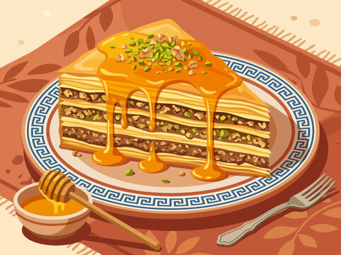 Traditional sweet baklava pastry slice with honey and crushed pistachios.