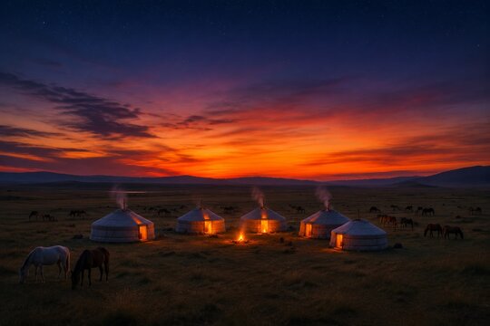 Traditional gers and small fires glow across an open steppe as horses graze beneath a vivid red and indigo sky. Remote community life