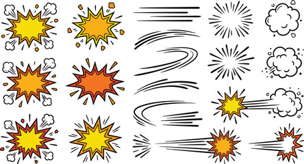 Comic Book Action Explosion and Speed Lines Set with Pop Art Burst Effects Dust Smoke Clouds and Flash Symbols for Creative Graphic Design Projects © Habiba