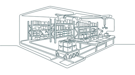 Fototapeta premium Automated warehouse with robotic arms and conveyor belts in a continuous line art style.