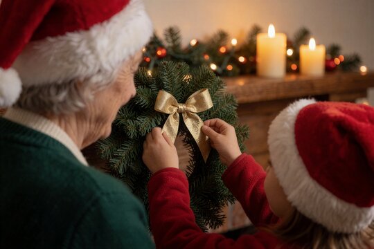 Grandmother and child decorating a festive Christmas wreath together near a warmly lit fireplace mantelpiece.