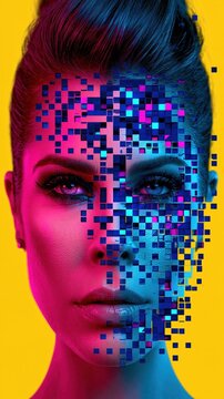 Woman face dissolving into digital blue pixels on a vibrant yellow background representing a conceptual fusion of human identity and modern technology in a surreal artistic portrait.