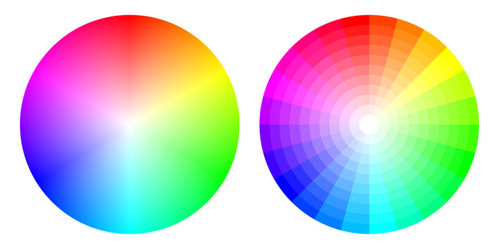 Color wheel gradient on white background. Two colorful circular gradients illustrating color spectrum and color theory