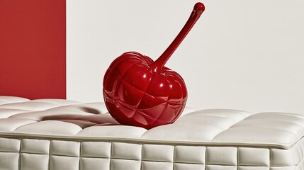 Obraz premium A glossy red quilted cherry sculpture rests on a white tufted mattress in a minimalist studio setting. This surreal art object features a shiny finish and geometric stitching on a clean background.