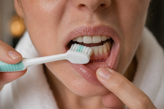A person carefully brushes their teeth with a light blue and white toothbrush
