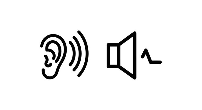 Minimalist outline icons representing ambient sound and low volume with human ear and speaker symbols acoustic minimalist isolated illustration technology broadcast frequency
