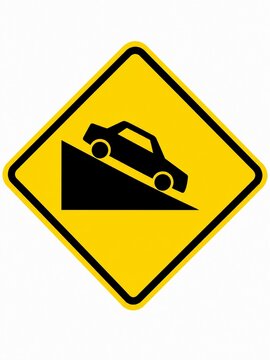 Yellow Steep Hill Downhill Road Warning Sign With Car Isolated