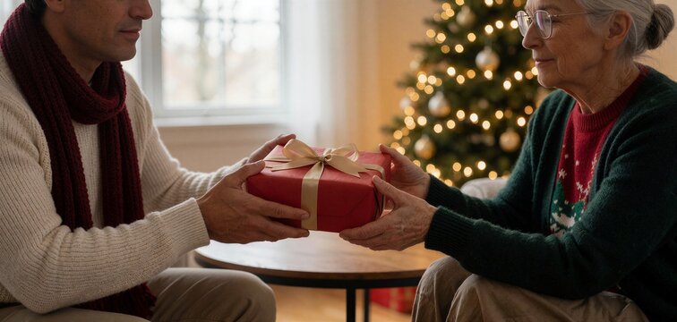 A heartwarming moment of gift-giving during Christmas, featuring a man presenting a beautifully wrapped present to an elderly woman.
