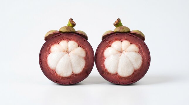 Fresh mangosteen half revealing pristine white fruit inside a deep-purple rind, highlighting its striking natural structure for exotic food and tropical concepts. Isolated on White background.
