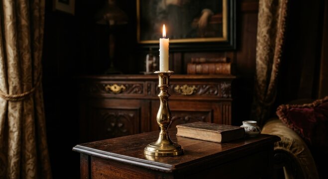 Elegant Lit Brass Candlestick on Antique Wooden Table with Old Books in Dimly Lit Interior