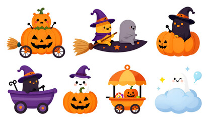 Obraz premium Halloween Icons and Pumpkin Set with Cute Cartoon Bat Ghost Witch Cat Skull and Spider Vector Illustrations for Spooky Autumn Holiday Celebration Designs
