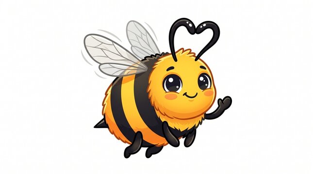 Cute honey bee cartoon character, friendly bumblebee illustration with heart antennae, happy yellow insect mascot on white background
