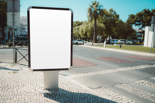 Empty white advertising panel on the left of a sunny urban streetscape, with copy space on the right for text and a palm tree backdrop, ideal for presenting promotional artwork and branding