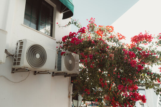 Two exterior cooling units mounted on a white wall sit beside cascading magenta blossoms, beneath a window and green awning, pairing everyday building equipment with lush ornamental planting
