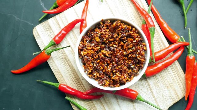 Top view of spicy chili oil garlic paste in white bowl on wooden board with fresh red peppers