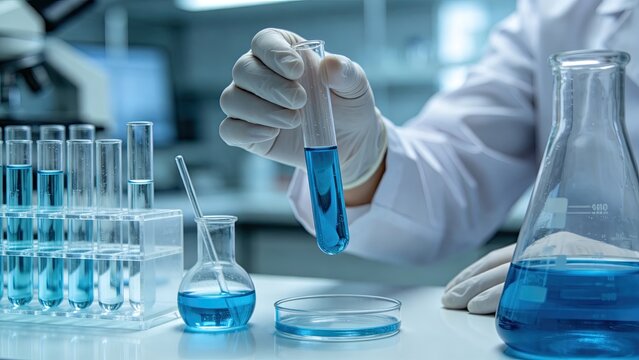 Laboratory Researcher Holding Test Tubes, Blue and Yellow Liquid, Medical Chemistry Experiment for Biotechnology and Drug Development Design