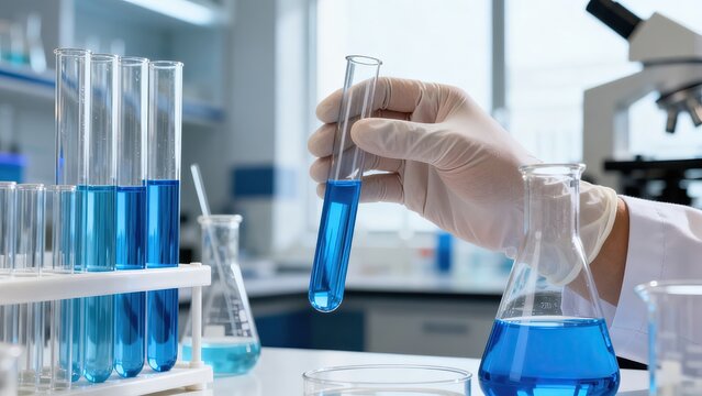 Laboratory Researcher Holding Test Tubes, Blue and Yellow Liquid, Medical Chemistry Experiment for Biotechnology and Drug Development Design