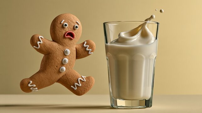 Gingerbread man running from glass of milk terrified