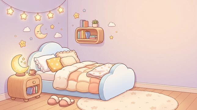 Cozy bedroom interior with cloud shaped bed and warm fairy lights