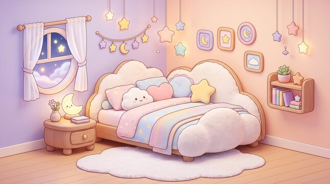 Cozy bedroom interior with cloud shaped bed and pastel decor in soft light
