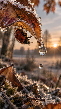 Ladybug Under Frozen Leaf with Water Drops at Sunrise Macro Photography