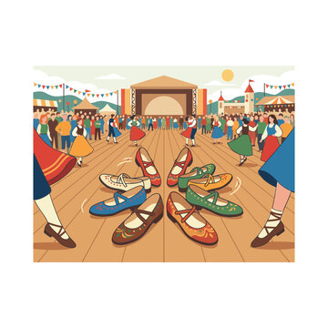 A close-up of traditional folk dancers' leather shoes spinning on a polished wooden floor during a festive celebration