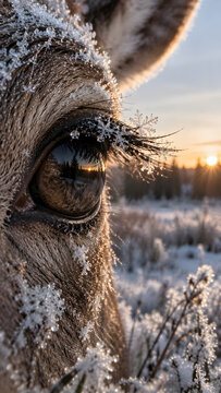 Macro Deer Eye with Snowflakes on Eyelashes at Sunrise
