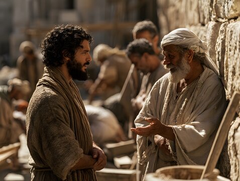 Elderly wise man speaking with young biblical disciple in ancient jerusalem street