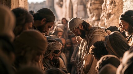 Fototapeta premium A crowd of ancient people, many bowing their heads in prayer or reverence in a street